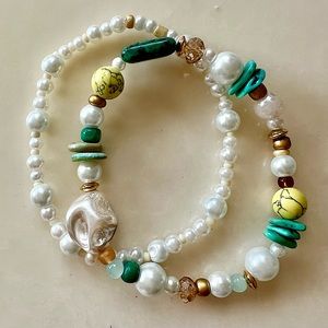 Dainty fashion pearl, turquoise stack of 2 beaded stretch bracelets.